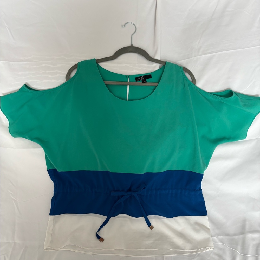 C. Luce Green and Blue Cold Shoulder Blouse